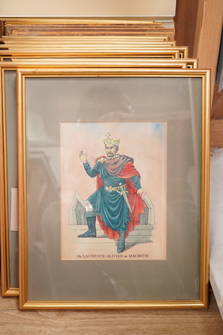 A set of fourteen colour prints depicting actors to include: Mr. Harry Andrews as King in Hamlet, Mr. Richard Johnson as Romeo and Mr. Paul Robeson as Othello, 21 x 16cm